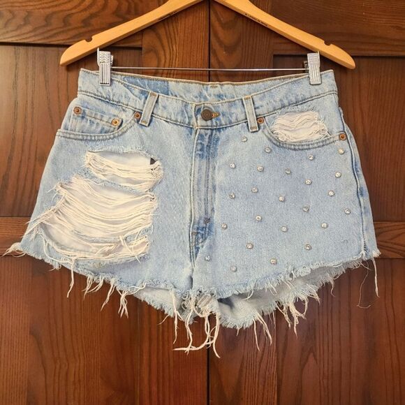 Vintage 90s Levis Jean Shorts Made in USA Light Wash Embellished Furst of a Kind - Picture 1 of 11